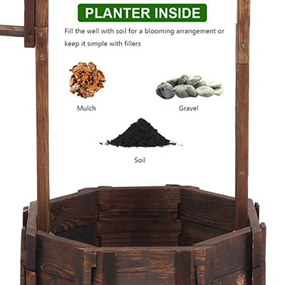 Wooden Planter, Wishing Well with Height Adjustable Bucket | Triangulated Roof for Garden Planter Patio Decoration Yard Ornamental Home Décor