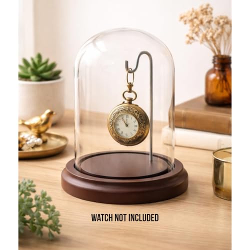 BANBERRY DESIGNS Clear Glass Display Dome with Wooden Base & Metal Hook – Set of 2 Cloche Bell Jars – 4.5" H x 4" W – Decorative Cover for Collectibles, Jewelry, Mini Plants & Crafts