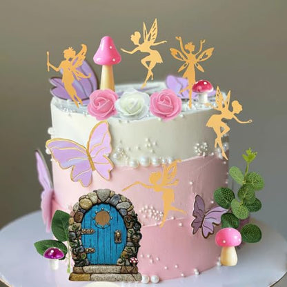 Fairy Cake Toppers Fairy Butterfly Cake Decorations Pink Mushroom Door Flowers Cake Decorations for Birthday Baby Shower Party Supplies