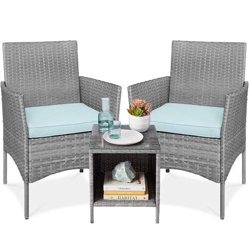 Best Choice Products 3-Piece Outdoor Wicker Conversation Bistro Set, Space Saving Patio Furniture for Garden w/Side Table - Gray/Pastel Blue - color: Gray/Pastel Blue