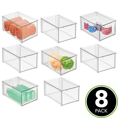 mDesign Plastic Stackable Bathroom Storage Organizer Bin with Pull Out Drawer for Cabinet, Vanity, Shelf, Cupboard, Cabinet, or Closet Organization - Lumiere Collection - 8 Pack - Clear - size: 8 x 12 x 6 (Pack of 8)