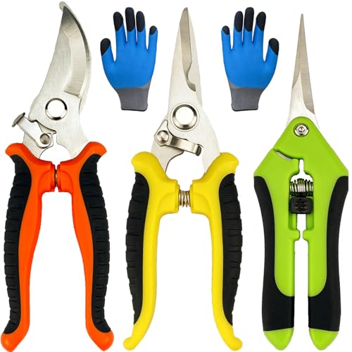 Pruning Shears, 4 Pack Garden Shears with Gardening gloves, Clippers Handheld, Stainless Steel Garden Snips, Lengnoyp Pruners for Gardening