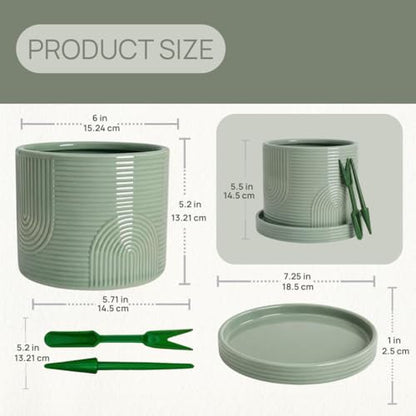 6 Inch Ceramic Plant Pot with Drainage Hole & Tray – Sage Green | Complete Planting Kit: Drainage Hole, Matching Tray & Bonus Tools - color: Sage Green