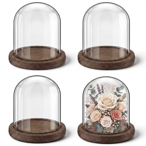 4 Pcs Glass Display Dome Cloche Clear Dome Cloche with Wood Base Tabletop Jar Display Case for Home Office Wedding(Coffee Brown,4 x 4.7 Inch) - color: Coffee Brown, size: 4 x 4.7 Inch