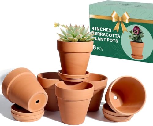vensovo 4 Inch Terracotta Plant Pots with Saucer - 6 Pack Clay Flower Pots with Drainage, Great for Plants, Crafts, Wedding Favor - color: Brown
