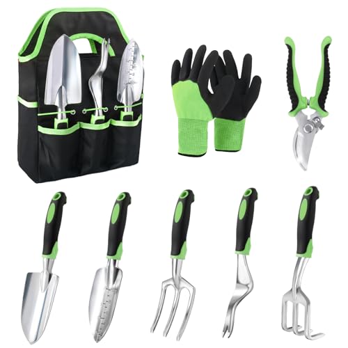 Garden Tools Set, 8 Piece Gardening Tools Set with Non Slip Ergonomic Handle, Heavy Duty Garden Tool Set with Storage Bag, Gardening Kit for Women, Garden Hand Tools Gift, Green - color: Green