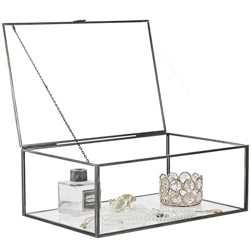 Glass Jewelry Display Box with Hinged Lid, Keepsake Box, Clear Card Box | Vintage Glass Box, Wedding Card Box, Home Decorative Box for Photo Trinket Rings Bracelet (Black, Large) - color: Black, size: Large