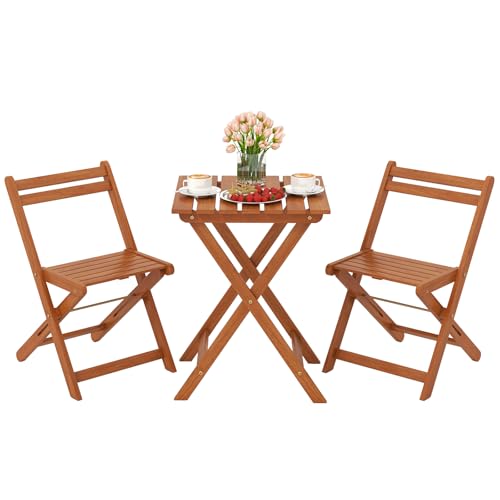 Tangkula 3 Pieces Solid Wood Patio Bistro Set with 2 Folding Chairs, Outdoor Table and Chairs Set, Balcony Furniture Set, Small Patio Set for Porch, Deck, Garden and Backyard