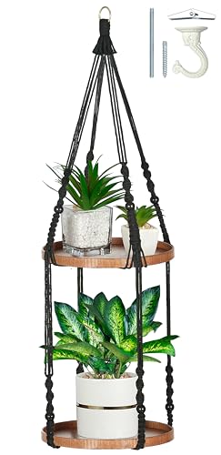 2 Tier Macrame Plant Hanger, Hanging Plant Shelf (12") | Plant Hanger Indoor, Hanging Planter, Hanging Planter Shelf, Plant Hangers - color: Black, size: 1-Pack, 2-Tier