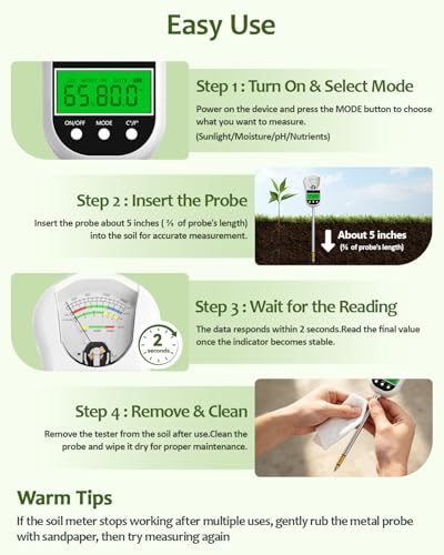 7-in-1 Soil Test Kit, Soil Moisture Meter/pH Meter/Light Intensity/Fertility/Air & Soil Hygrometer Temperature with Large Dual Display for Garden,Lawn, Farm, Indoor Outdoor Plants-Warm White | Soil Moisture Meter/pH Meter/Light Intensity/Fertility/Air & S