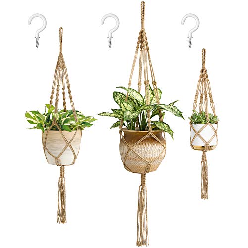Mkono 3 Pack Macrame Plant Hanger, Hanging Planters for Indoor Plants Brown | 3 Sizes (41"/34"/26") Handmade Cotton Basket with Hooks, Boho Home Decor for Patio Balcony Living Room, Fits 5-10 Inch Pots - color: Brown