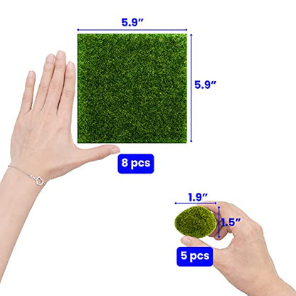 SNAIL GARDEN 13PCS Fairy Artificial Grass, 8Pack Life-Like Garden Lawn with 5Pcs Artificial Moss Rocks-Miniature Ornament Garden Fairy Accessories for DIY Decoration(6 x 6 Inch)
