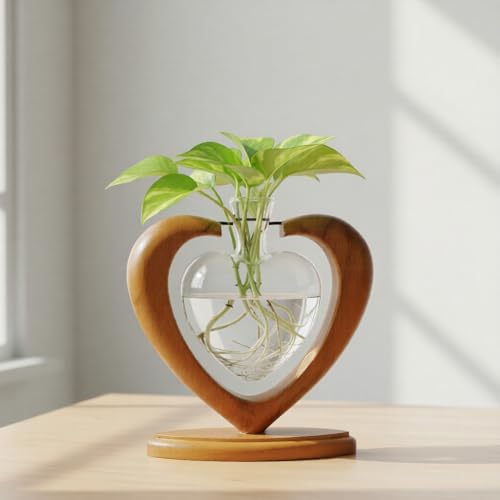 Plant Propagation Station, Heart Glass Vase, Solid Wooden Stand | Rooting Vase for Cuttings, Plant Terrarium, Air Plant Holder, Plant Lovers Mom Wife Gift Home Office Christmas Tabletop Decor - color: 1 Pack