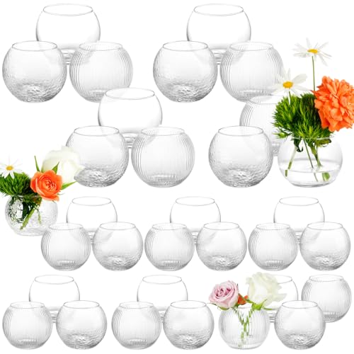 32 Pack Glass Bubble Vases, Small Clear Bud Vases for Table Centerpieces | Round Mini Globe Bubble Bowl, Candle Holders, Wedding Event & Home Decor (3 Textures 2 Sizes)