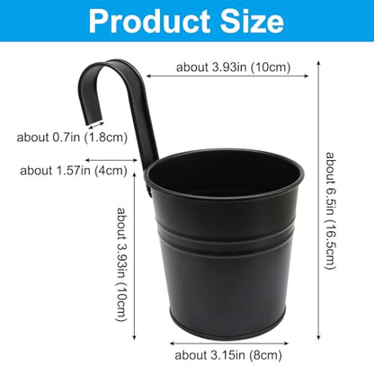 5 Pcs Hanging Flower Pots, 4 Inch, Metal Buckets, Black | Removable Hooks, Drainage Holes, For Wall, Fence, Balcony, Patio Home Decor - size: 4 Inch