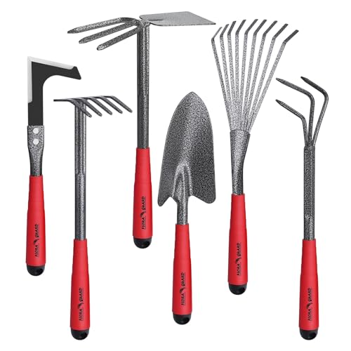 FLORA GUARD 6-Piece Garden Tool Set | Heavy Duty Gardening Hand Tools with High Carbon Steel Including Trowel, Rakes, 2-in-1 Hoe and Crack Weeder - style: RED