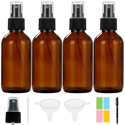 Dark Amber Glass Spray Bottles 4 oz, Small, Fine Mist, 4 Pack