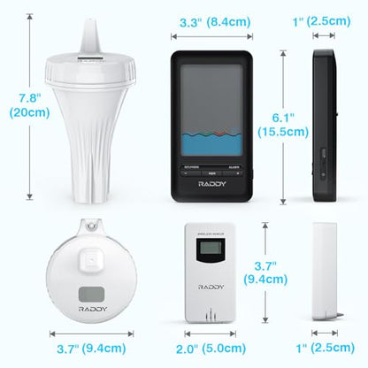Raddy PT-3 Wi-Fi Pool Thermometer Floating Easy Read with 2 Additional Remote Sensors, APP Remote Monitor, Large Digital Display, Rechargeable, Wireless Hygrometer Thermometer for Indoor Outdoor
