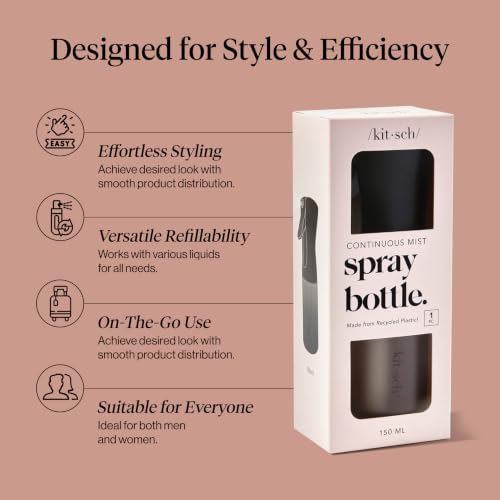 Kitsch Continuous Spray Bottle for Hair – Black, 150ml | Fine Mister Spray Bottle & Water Spray Bottle – Recycled Hair Spray Bottle – Spray Bottles for Cleaning, Styling, & More - color: Black