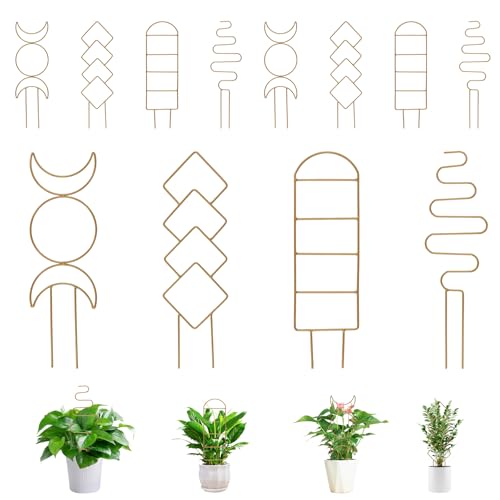 12 Pack Gold Plant Trellis for Potted Plant Indoor, Small Metal Trellis with 4 Different Patterns, Climbing Plant Support for Garden, Houseplant