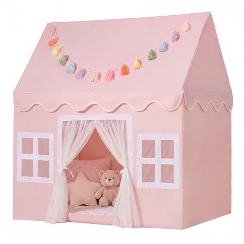 Kids Play Tent Indoor: with Mat, Tassel Garland - Large Pink Kids Tent Indoor Playhouse for Kids Toys for Boy Girl Birthday Gift - color: All-pink, size: Large