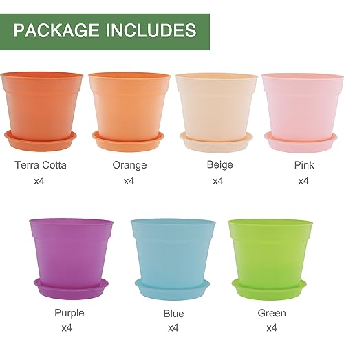 SwinDuck 4 inch Plant Pots, 28 Pack Small Plastic Planters with Drainage Holes and Saucers for Flowers Plants, Succulents, Seed Starting Pots, Colorful - color: Colorful