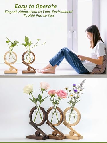 Glass Plant Propagation Station with Wooden Stand, Dark Burnt Wood - color: Dark Burnt Wood