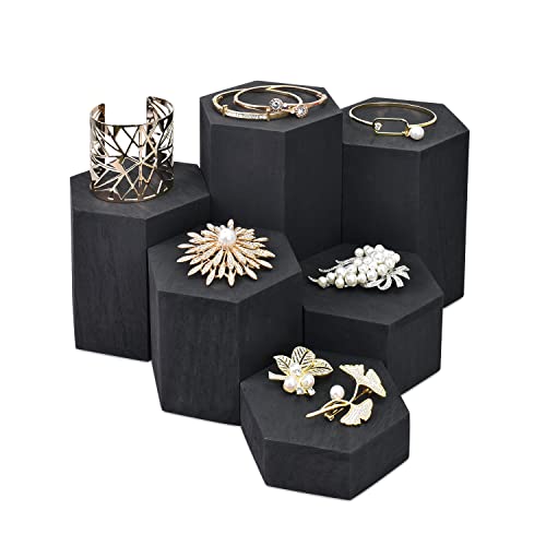 MOOCA 6-Piece Wood Hexagon Jewelry Display Stand Risers for Accessories | 6-piece black wooden hexagon riser set creates tiered displays for jewelry, accessories, figurines, collectibles, or décor. - color: Black, 6 Pieces