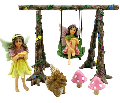 PRETMANNS Fairies for Fairy Garden Outdoor Accessories Kit - 6 Pieces | Fairies with Swing Set, Squirrel & Mushrooms, Fairy Figurines, Garden Fairy Ornaments