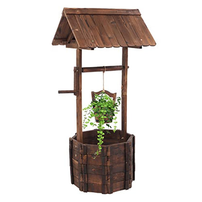 Wooden Planter, Wishing Well with Height Adjustable Bucket | Triangulated Roof for Garden Planter Patio Decoration Yard Ornamental Home Décor