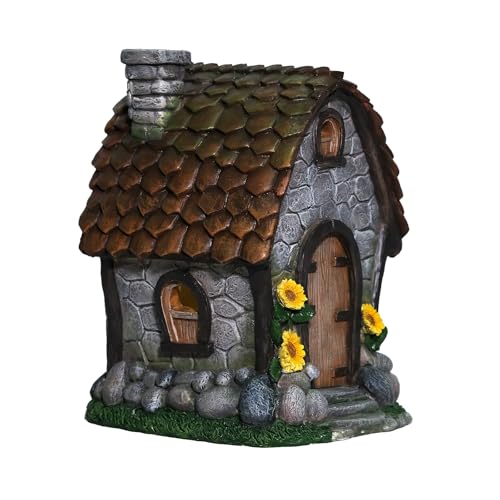 Solar Garden House Statues Outdoor with Light Yard Resin Decoration | Hand-paint Housewarming Gift for Patio Yard Lawn Waterproof Cracking Durability - color: Light Grey
