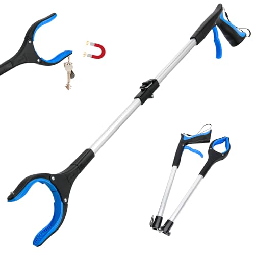 Grabber Reacher Tool,32 Inch Extra Long Foldable Pick Up Stick with Buckle and Rope and with Strong Grip Magnetic,360°Rotating Anti-Slip Jaw,Trash Picker Tool for Outdoor & Indoor (Blue) - color: Blue