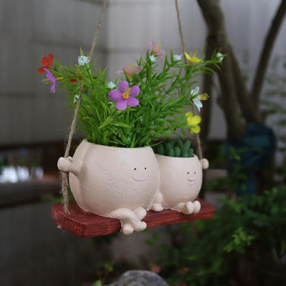 Dolkgy Hanging Planter Swinging Face Planters, Unique Head Flower Pots for Indoor Outdoor Plants, Cute Face Vase Funny Fence Wall Planter Succulent Pots - color: Khaki