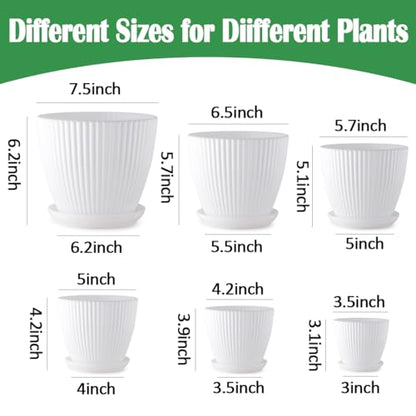 RooTrimmer Multi Size Plastic Plant Pots 6 Pack, Drain Holes, Saucers,White - color: White, size: 7.5/6.5/5.5/4.9/4.2/3.5 Inch Set
