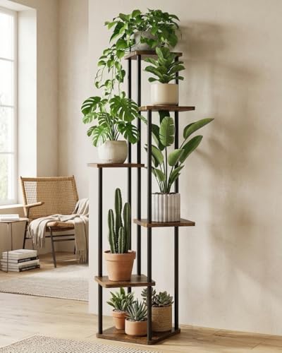 GENTINGBRO Corner Plant Stand Indoor Tall Plant Shelf | 6 Tier Flower Stand Wood Metal Plant Holder for Living Room Bedroom Balcony Patio Brown - color: Brown Oak, size: 6 Tier