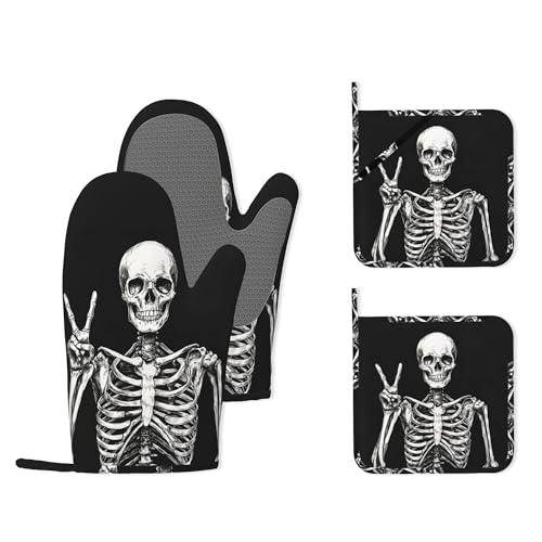 Funny Skull Heat-Resistant Silicone Oven Mitts and Pot Holders 4 Piece Set,Extra Long Non-Slip Kitchen Oven Gloves for Cooking, Baking, BBQ,Grilling - color: Funny Skull
