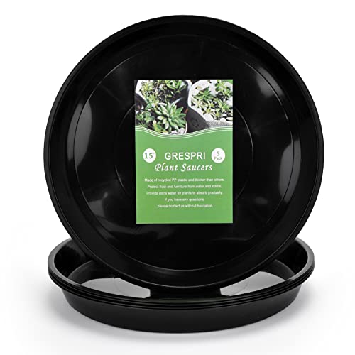15 in Plant Saucers, 5 Pack Black Plastic Trays with 1.6 in Deep Well, Glossy Drip Pans for Indoor/Outdoor, Fits Pot Bases up to 13.3 in, Weather-Ready for Large Pots & Grow Bags - size: 15 Inch