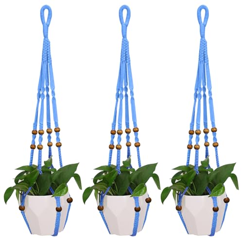 3 Pcs 35 Inch Macrame Plant Hanger Flower Pot Hanging Plant Holder No Tassels Decorative Hanging Planter Basket with Wood Beads for Indoor Outdoor Home Decor (Blue) - color: Blue