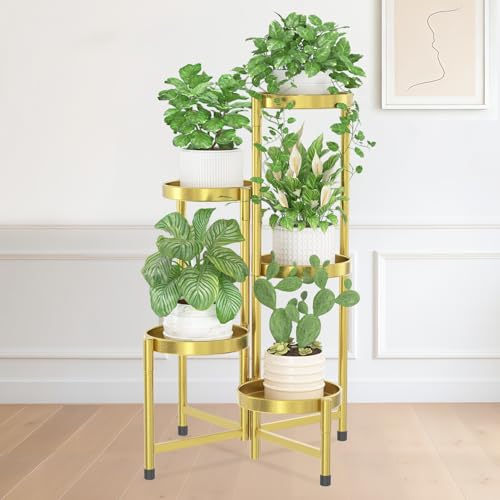iDavosic.ly Plant Stand Indoor Outdoor, 5 Tier Metal Corner Shelf, Gold | Tiered Flower Display Holder, Folding Multi Orchid Rack, Easy to Assemble, Space Saving Patio Balcony Porch Garden House - color: Gold, size: 5 Tiers