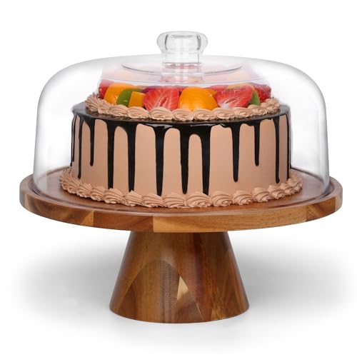 Bellsal Cake Stand with Clear Acrylic Dome Lid, 12in Acacia Wood Cake Holder with Lid, Cake Plate with Lid for Baking Gifts, Cake Display Server Tray for Birthday Party Weddings, Housewarming Gift - size: Footed