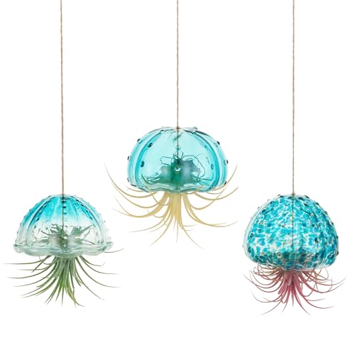 Glasseam Glass Jellyfish Decor, 3 Pcs Hanging Air Plant Holders with Jute - color: Blue