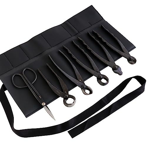 Wazakura Made in Japan 6PCS Bonsai Professional Tool Kit with Roll Bag: Yasugi Steel Twig Scissor, Concave Branch Cutter, Knob Cutter, Jin Plier, Wire Cutter, Root Cutter. Bonsai Tool Set with Case - style: 6PCS Professional Tool Set (Yasugi Steel Twig Sc
