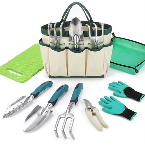 8-Piece Heavy-Duty Gardening Tools Set with Tote Bag - Rust-Proof Aluminum Gardening Hand Tools with Ergonomic Non-Slip Rubber Grips - Gardening Supplies Set Ideal Gift for Men & Women