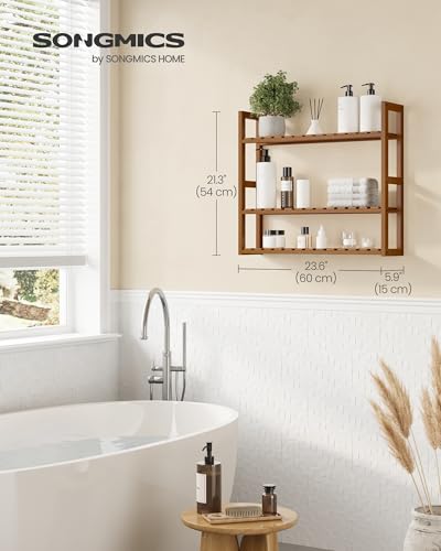 SONGMICS Bamboo Bathroom Shelf, 3-Tier Adjustable Plants Rack | Wall-Mounted or Stand, Living Room, Balcony, Kitchen, 5.9 x 23.6 x 21.3 Inches, Yellow Brown, BAMBOU Collection UBCB013K01 - color: Coffee Brown, size: 3 Tiers (5.9"D x 23.6"W)