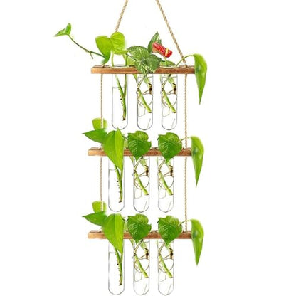 Planter Terrarium,Test Tube Vase Glass Planter Plant Propagation Station Plant Hangers of Rope with Stand for Hydroponic Plant Cutting(-2-Tier)