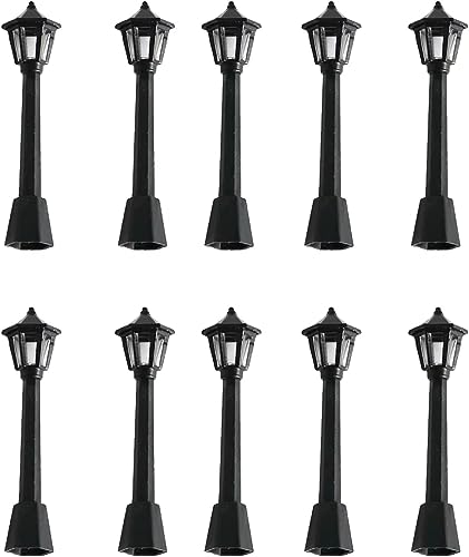 10 Pcs Black Mini Miniature Street Light Model, Railway Train Post Lamps, Black Lamp Outdoor Pathway Lantern Post for Dollhouse Decoration Micro Landscape Fairy Garden Accessories