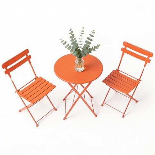 GarveeHome 3 Piece Foldable Patio Bistro Set, Outdoor/Indoor Metal Table and Chairs Furniture, Compact Round Table with 2 Folding Chairs for Balcony, Porch, Deck, Garden, Apartment, Small Space, Orang - color: Orang, size: 3-Piece (Round Table)