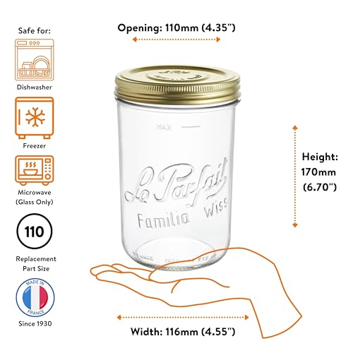Le Parfait Familia Wiss 32oz (1L) Extra Wide Mouth (110mm) Glass Canning Jars – 4PK Made in France, Airtight 2-Piece Lid, Reusable Zero Waste & Eco-Friendly for Kitchen Storage & Meal Prep - color: 33oz (Set/4)