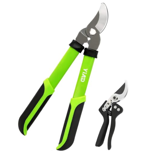 JYI&FORGE Pruning Shears and Garden Loppers 2pc Set, 15" Branch Cutter | Teflon Blade, Serrated, Lightweight Clippers, Bypass, Ergonomic, Roses, Shrubs, Trees, 8 in Pruner, Yard Trimming