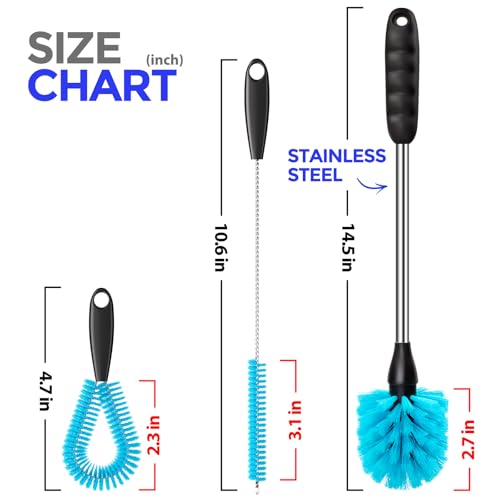 Holikme 4 Pack Bottle Brush 14.5" Long Handle Stainless Steel Brush,Blue | Long-Handled 4-in-1 Stainless Steel Bottle Brushes for Water Bottle, Cups, Straw Cleaner Brush - color: Blue